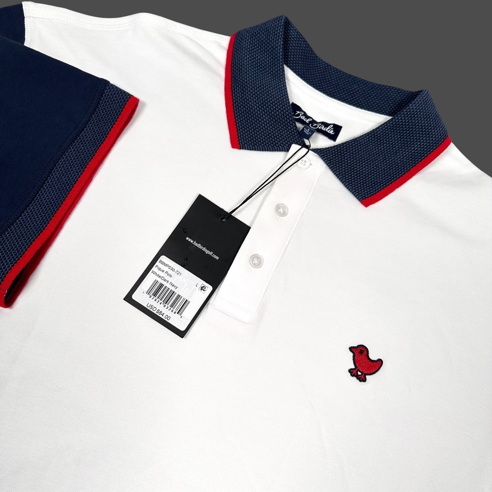 Bad Birdie Pique Polo Mens Large White Navy Blue Red Patriotic Golf Shirt